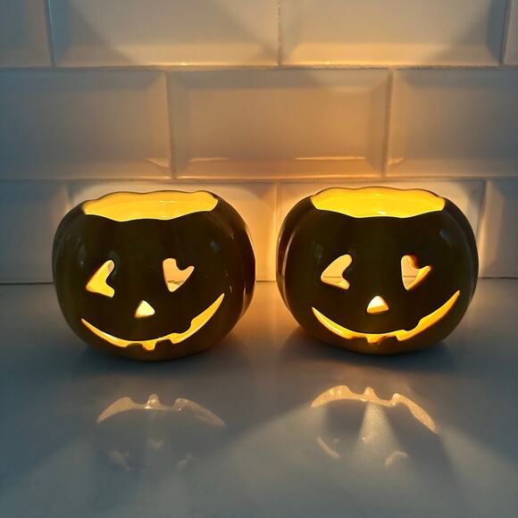 Williams Sonoma Pumpkin Jack O Lantern Votive Candle Holders Set of 2 - Picture 1 of 11